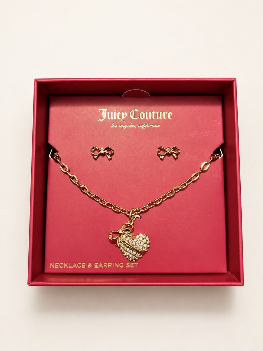 Juicy Couture Gold Heart Pendant Necklace and Bow Earrings Set - Red Box